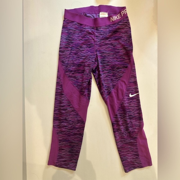 EUC Nike Pro tights, S, purple navy white pattern, mesh patterns on cropped leg - Picture 1 of 5